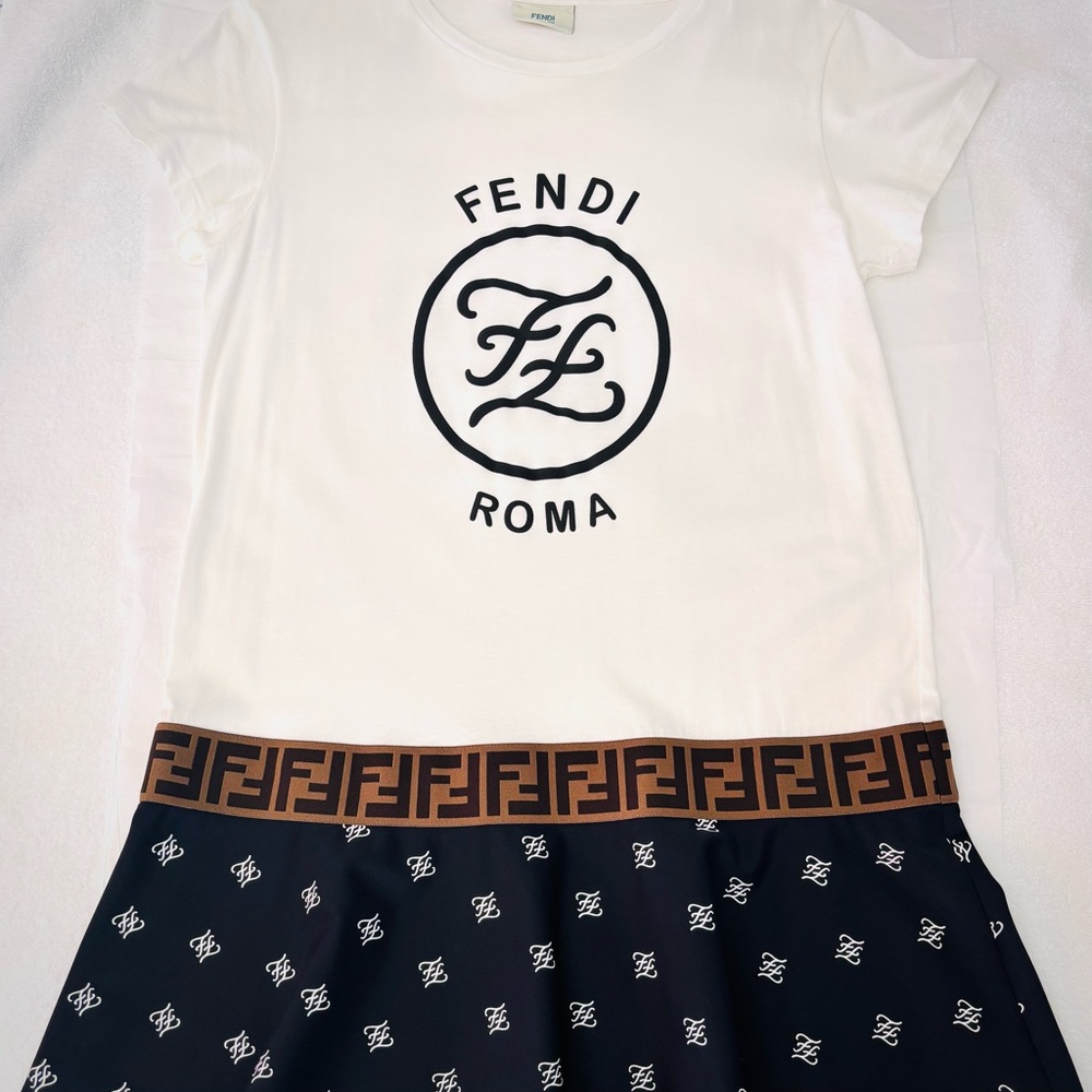 FENDI Kids Girls Dress FF Logo Roma White Navy Size 12+ Italy Authentic